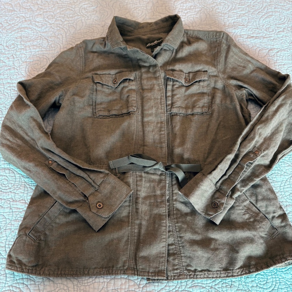 Eddie Bauer Women Olive Green Linen Cotton Utility Safari Jacket Large